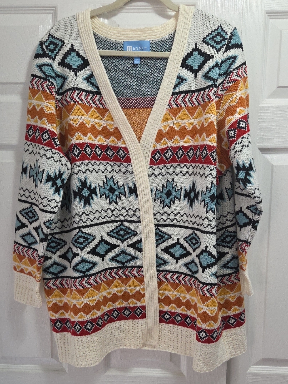 Koret Cream Multi-Color Aztec Print  Open Cardigan Sweater